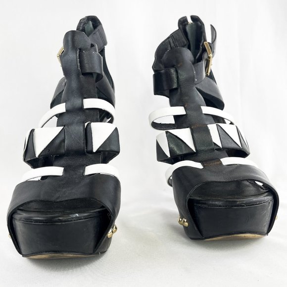 Guess Black / White  Geo + Gold Studs High Heel Cage Platform Stilettos - Picture 3 of 6